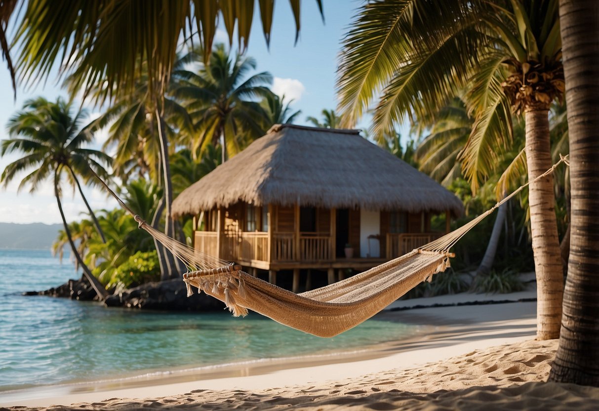 A cozy beach cottage with a thatched roof, surrounded by palm trees, a hammock swaying in the breeze, and a sandy path leading to the ocean