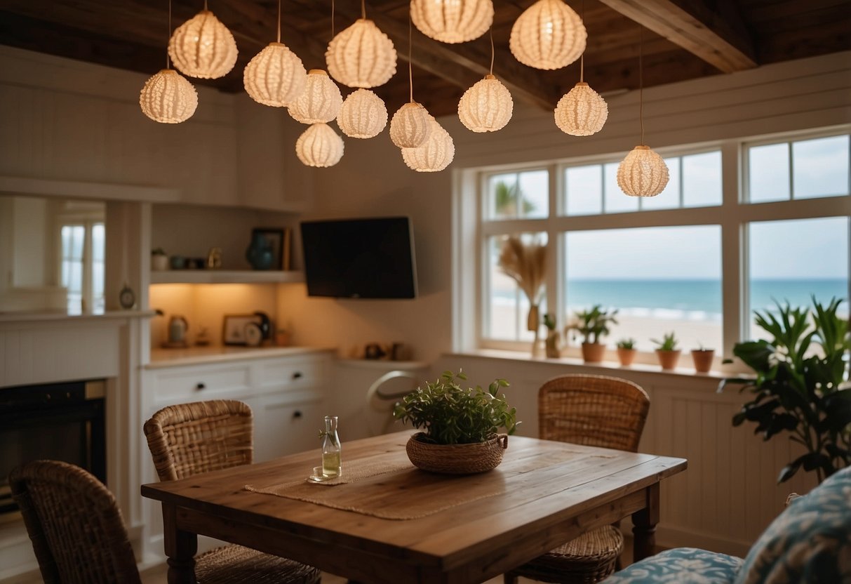 A beach cottage with seashell chandeliers hanging from the ceiling, casting a soft, warm glow over the cozy space