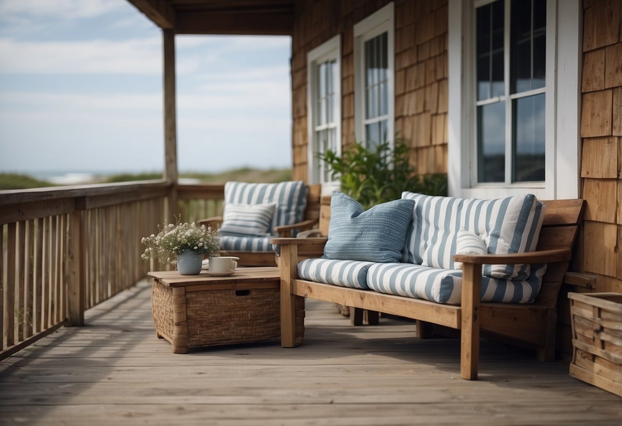 A cozy beach cottage with striped throw pillows on a weathered wooden porch overlooking the ocean