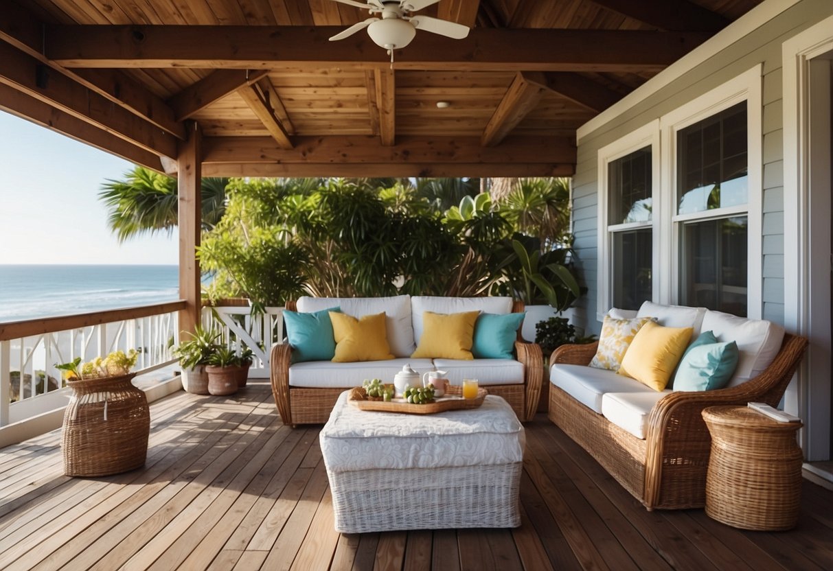 A cozy beach cottage with wicker furniture sets arranged on a wooden deck overlooking the ocean. Brightly colored cushions and a rustic coffee table complete the inviting scene