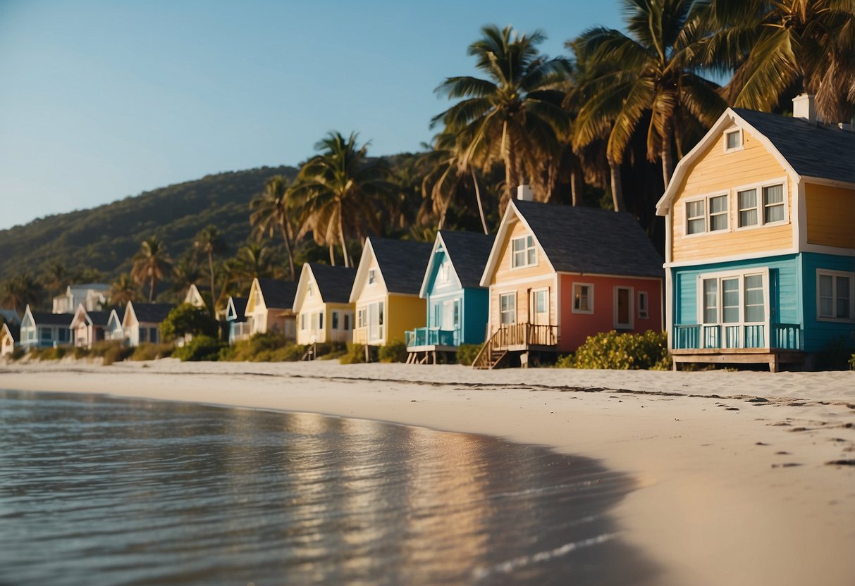 A serene beach with colorful cottages nestled along the coastline, surrounded by swaying palm trees and the gentle lapping of waves