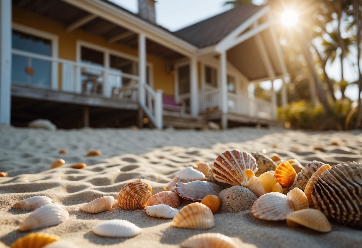 A sandy beach with colorful beach-themed rugs scattered around a cozy beach cottage, with seashells and driftwood accents