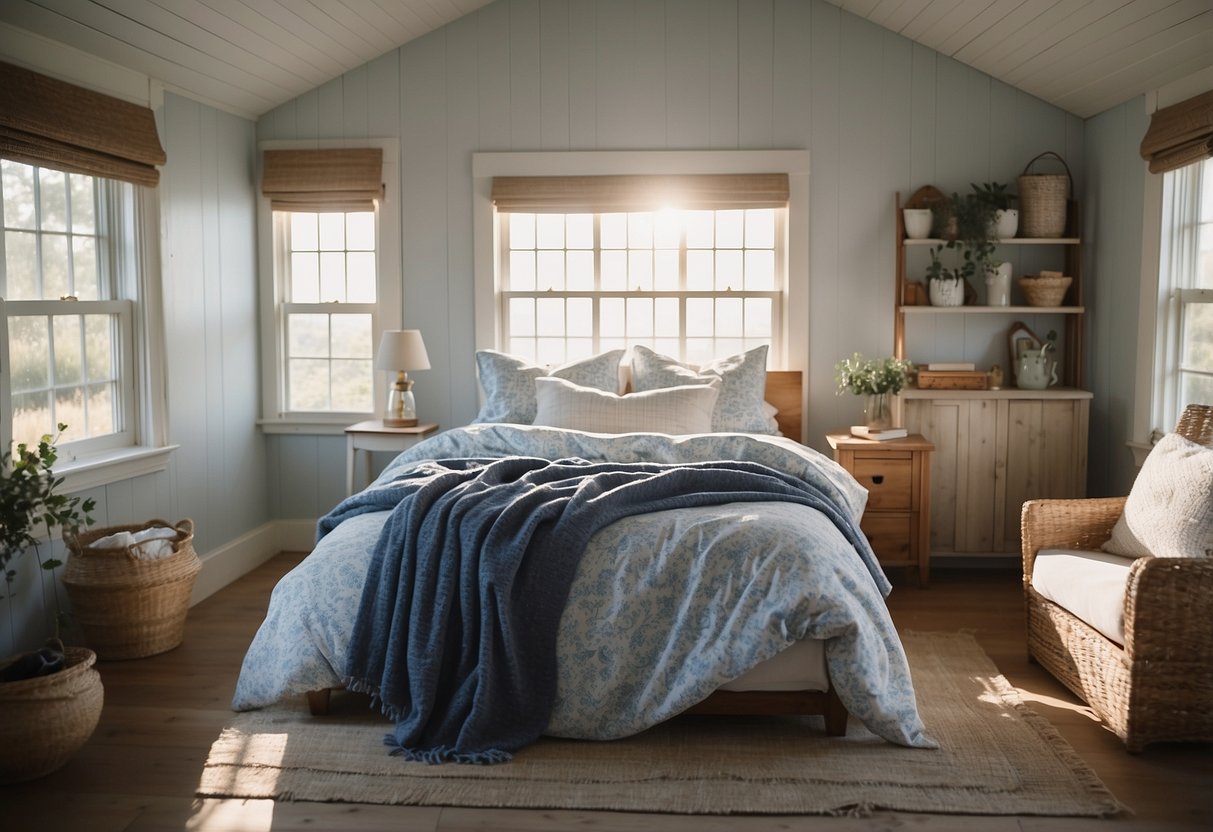 A cozy beach cottage bedroom with blue and white bedding, soft pillows, and a warm throw blanket. Sunlight streams in through the window, casting a gentle glow on the peaceful scene