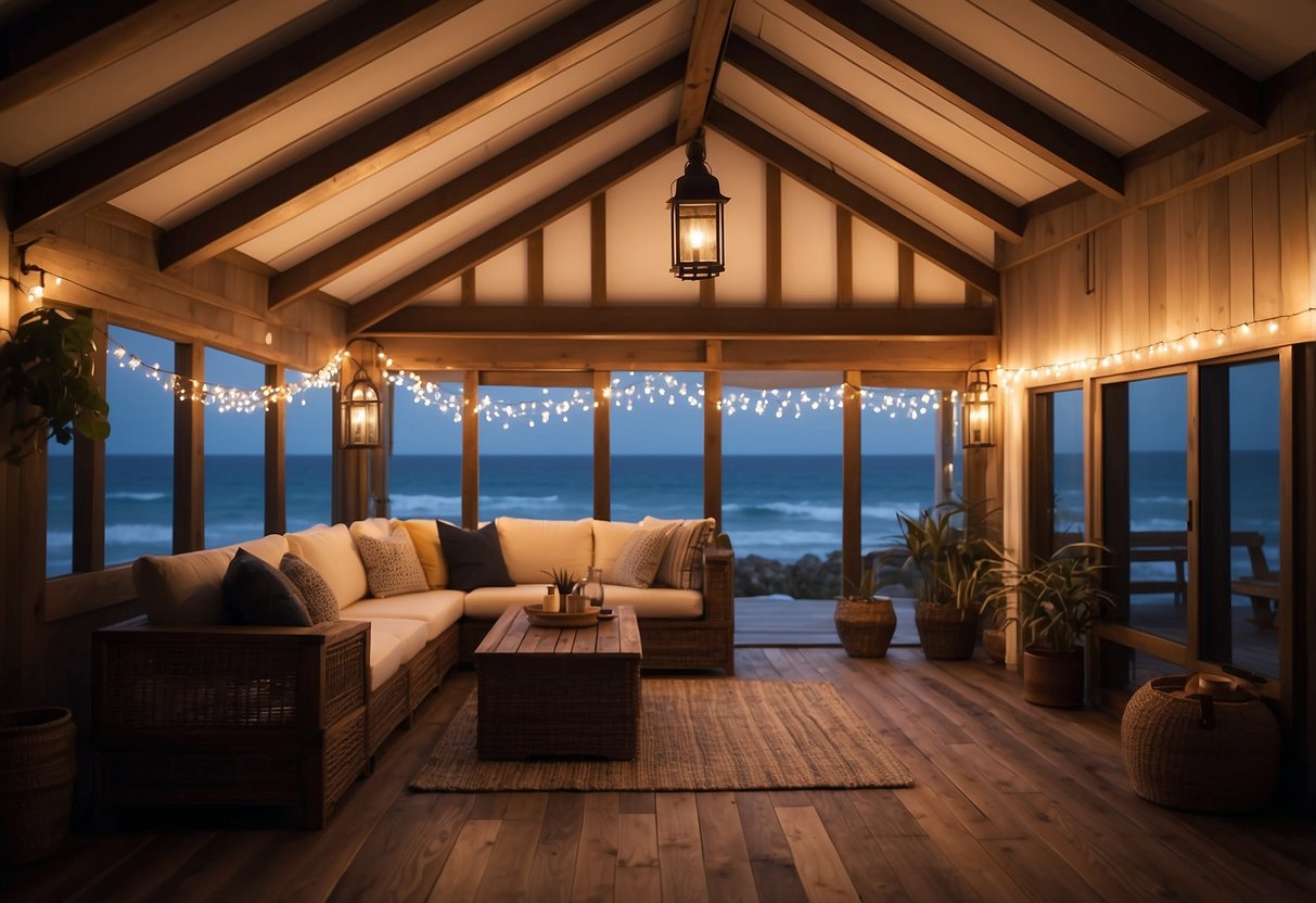 A cozy beach cottage with lantern string lights hanging from the ceiling, casting a warm and inviting glow over the space