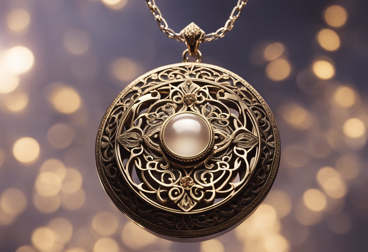 A delicate keepsake pendant dangles from a chain, catching the light and casting a soft glow. The intricate design features a small compartment, perfect for holding a tiny memento or cherished token