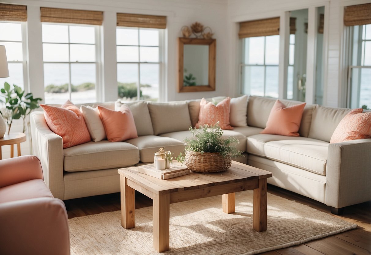 A cozy beach cottage with coral accent pieces, like throw pillows, vases, and artwork. The decor is light and airy, with natural textures and a relaxed, coastal vibe