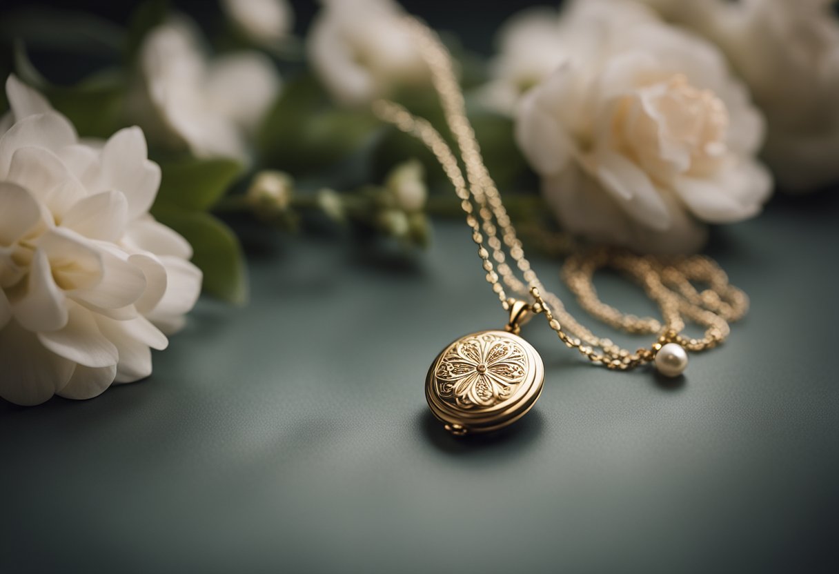 A delicate necklace with a small locket, surrounded by soft lighting and delicate flowers, evoking a sense of nostalgia and sentimental value