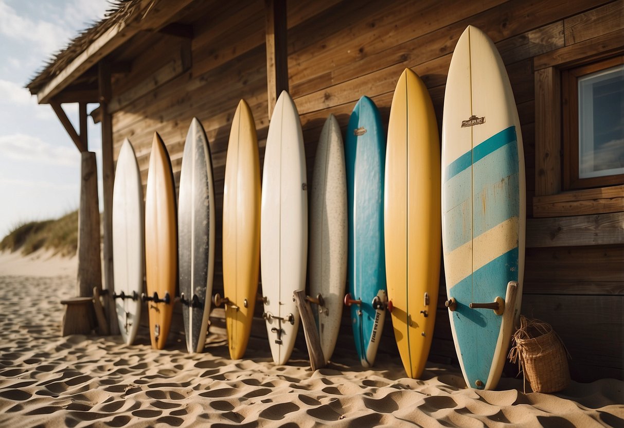 A collection of vintage surfboards leaning against a weathered beach cottage, surrounded by sand and dunes