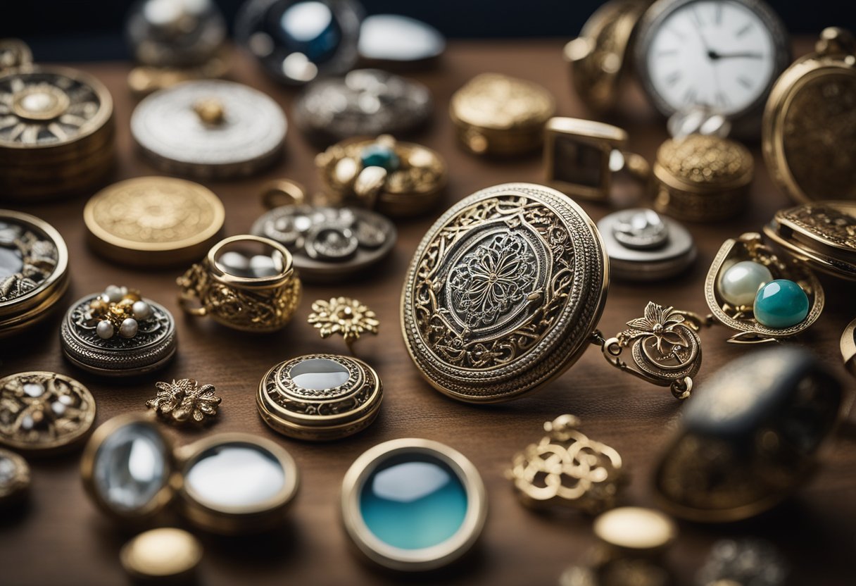 A table displaying various types of keepsake jewelry, including lockets, rings, and pendants, with intricate designs and personalized engravings