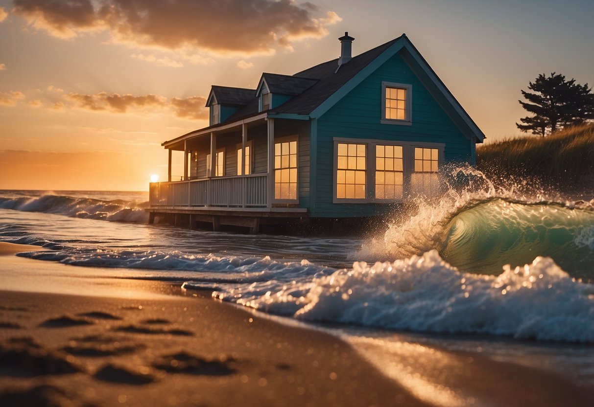 A vibrant ocean wave crashes onto a sandy beach, framed by a charming beach cottage. The sun sets in the background, casting a warm glow over the scene