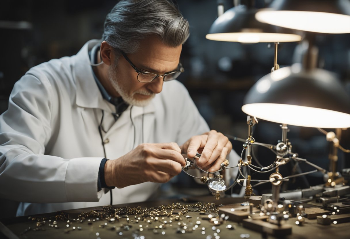 A jeweler meticulously assembles a delicate necklace, carefully soldering each link and setting a sparkling gemstone. The workshop is filled with the scent of metal and the soft hum of tools