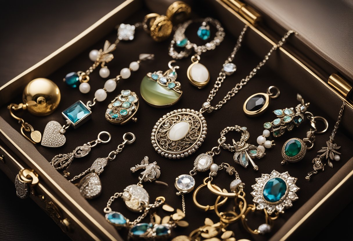 A jewelry box filled with various charms and pendants, alongside a selection of chains and bracelets