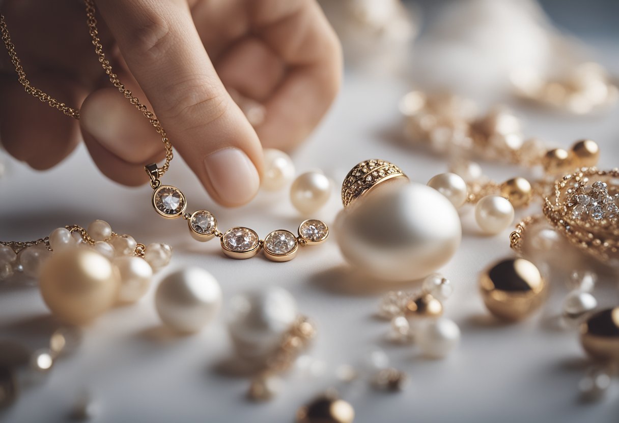 A hand reaches for a delicate keepsake necklace, surrounded by other pieces of keepsake jewelry. The soft glow of the jewelry catches the eye, creating a sense of warmth and sentimentality