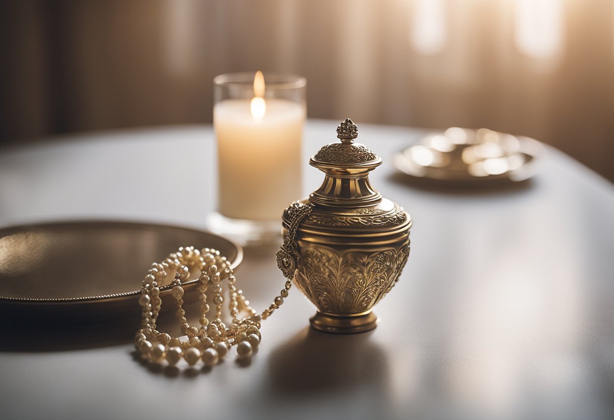 A table with a delicate necklace, a small urn, and a framed photo. Soft lighting creates a tranquil atmosphere