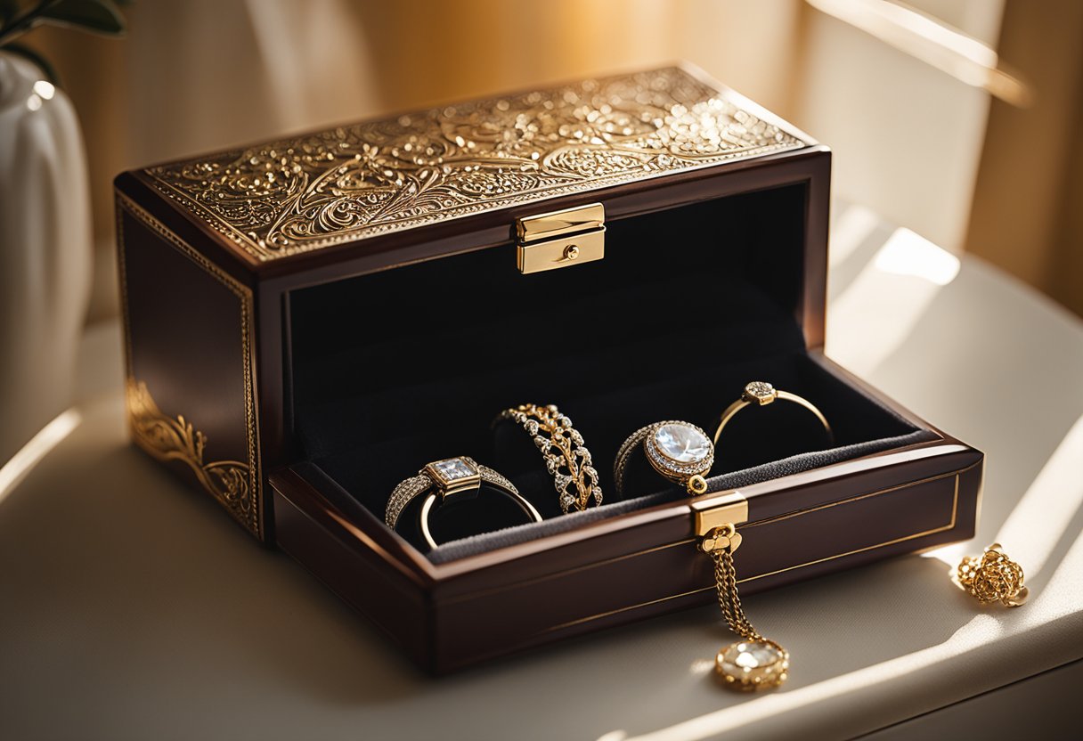 A jewelry box sits open on a dresser, revealing delicate keepsake jewelry inside. The sunlight streams in, casting a warm glow on the precious pieces