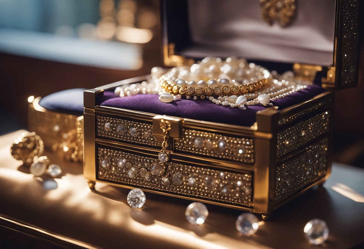 A sparkling jewelry box sits on a velvet cushion, surrounded by delicate trinkets and precious gems, reflecting the light in a display of elegance and beauty