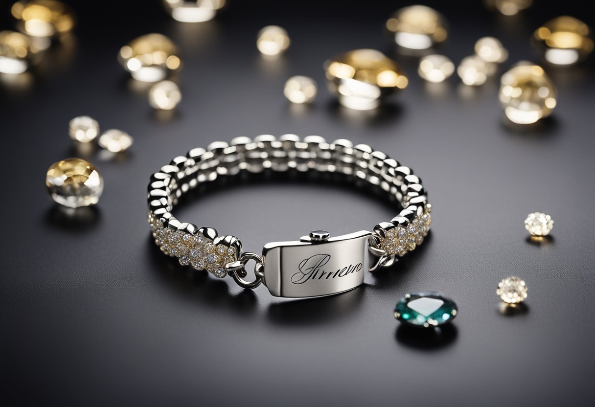 A delicate bracelet with custom handwriting engraved on a shiny surface, surrounded by sparkling gemstones