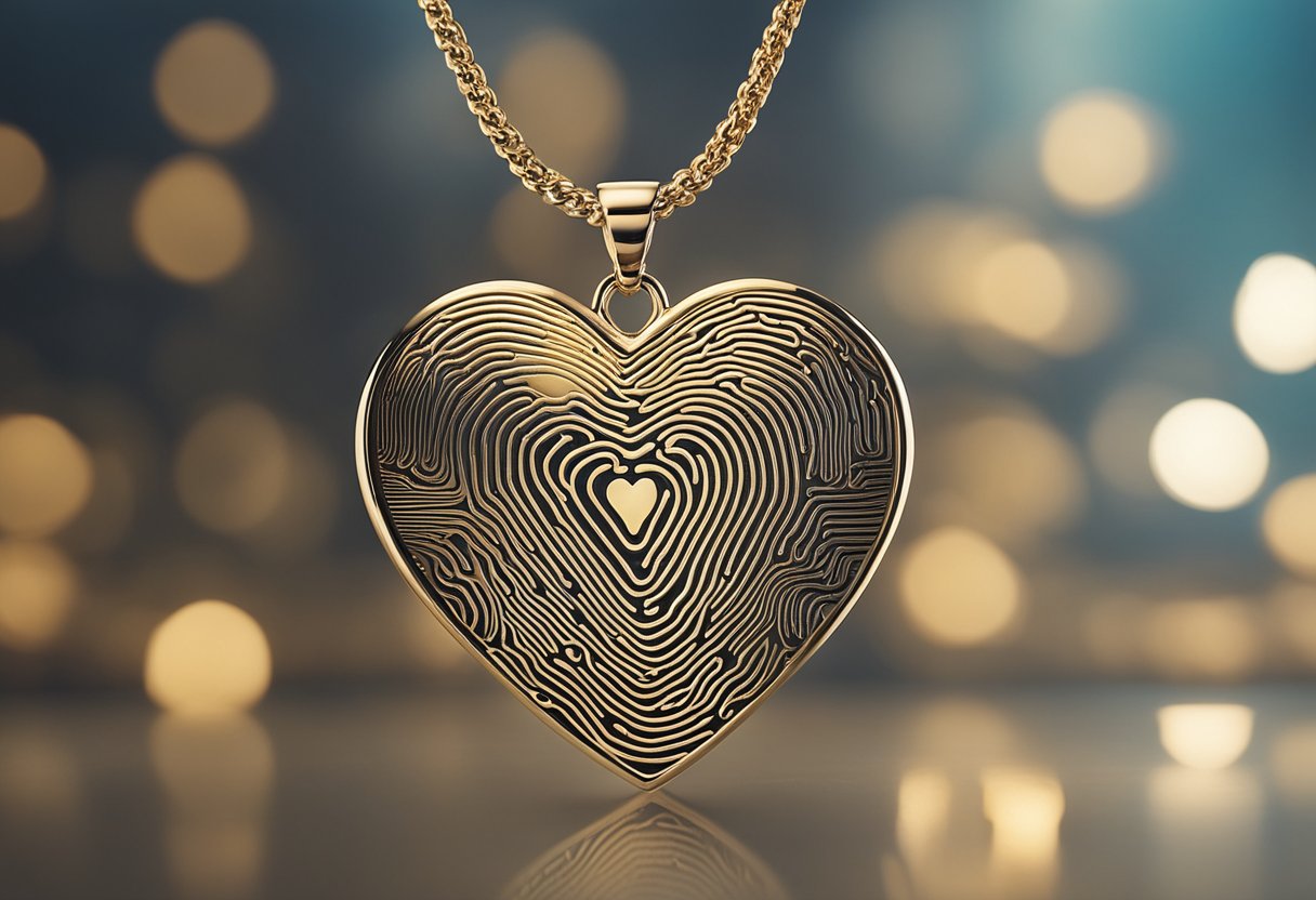 A heart-shaped pendant with a fingerprint design, hanging from a delicate chain, surrounded by soft lighting and placed on a smooth, reflective surface