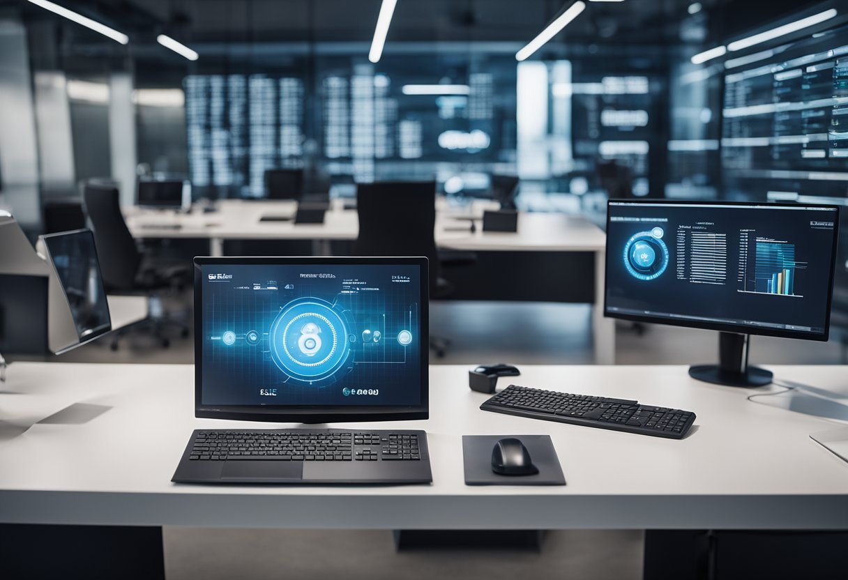 An AI system replaces sales advisor, consultant, or interim sales manager in a modern office setting with digital interfaces and communication tools