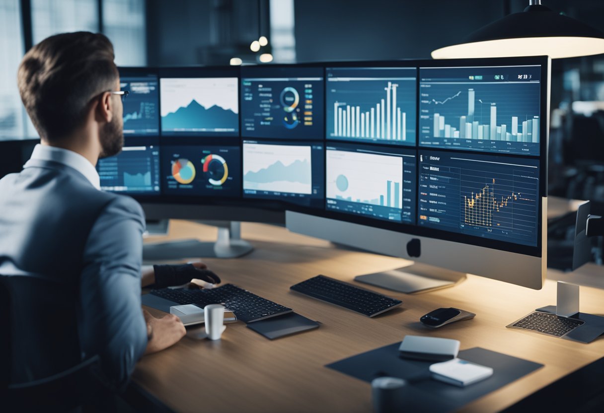 An AI analyzing sales data, generating reports, and providing recommendations to a sales team