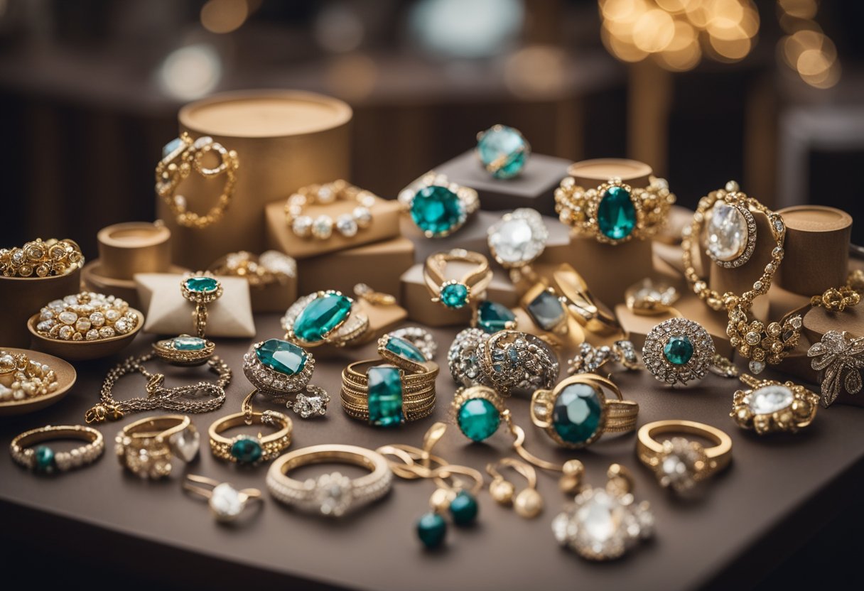 A table displays 71 types of jewelry, from delicate necklaces to sparkling earrings, arranged for Christmas gifts