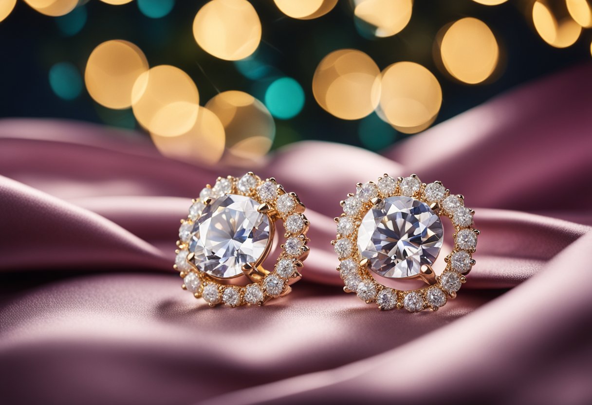 A sparkling pair of diamond stud earrings displayed on a velvet cushion, surrounded by other types of jewelry, with a festive Christmas background