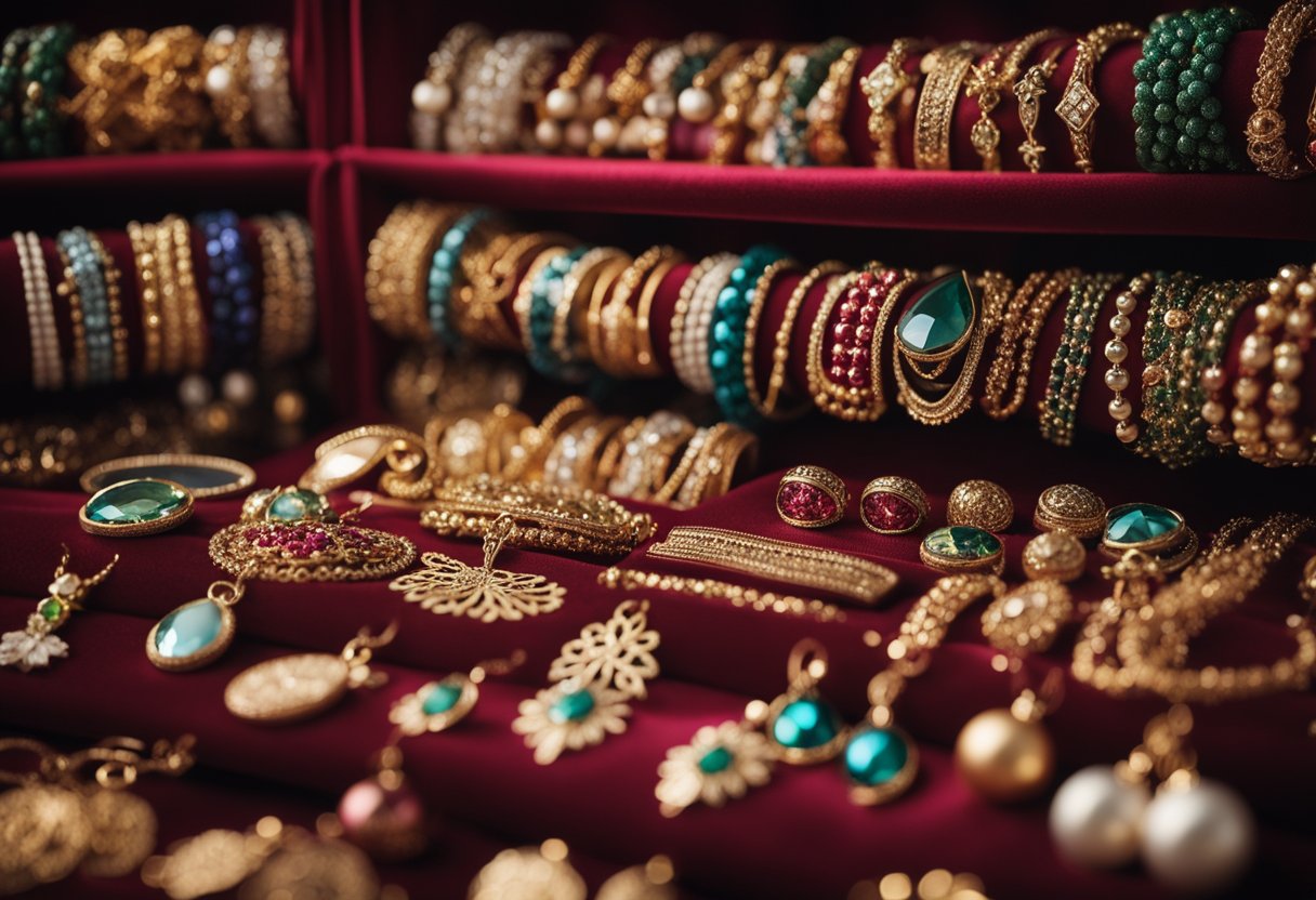 A display of 41 Christmas jewelry sets arranged on a velvet-lined shelf, sparkling with festive colors and intricate designs