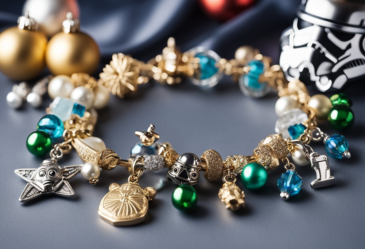 A charm bracelet adorned with Star Wars Grogu charms, surrounded by various Christmas-themed jewelry sets