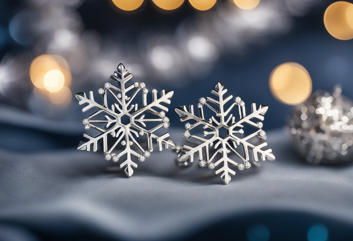 A pair of sterling silver snowflake earrings sits on a velvet display, surrounded by festive Christmas decorations