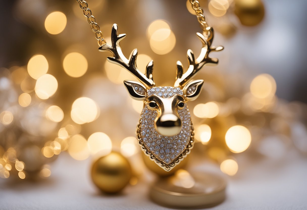 A reindeer necklace hangs from a gold chain, surrounded by festive holiday decorations