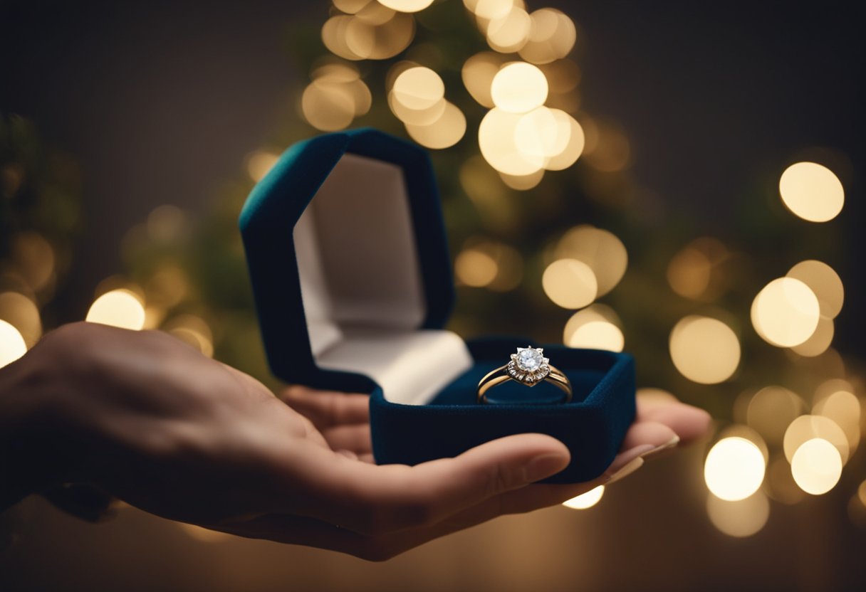 A smiling wife opens a small box, revealing a sparkling Christmas jewelry piece