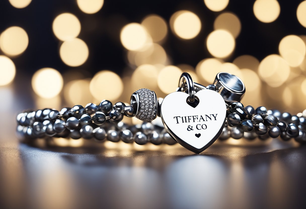 A silver heart tag bracelet from Tiffany & Co. sits on a velvet cushion, surrounded by twinkling Christmas lights