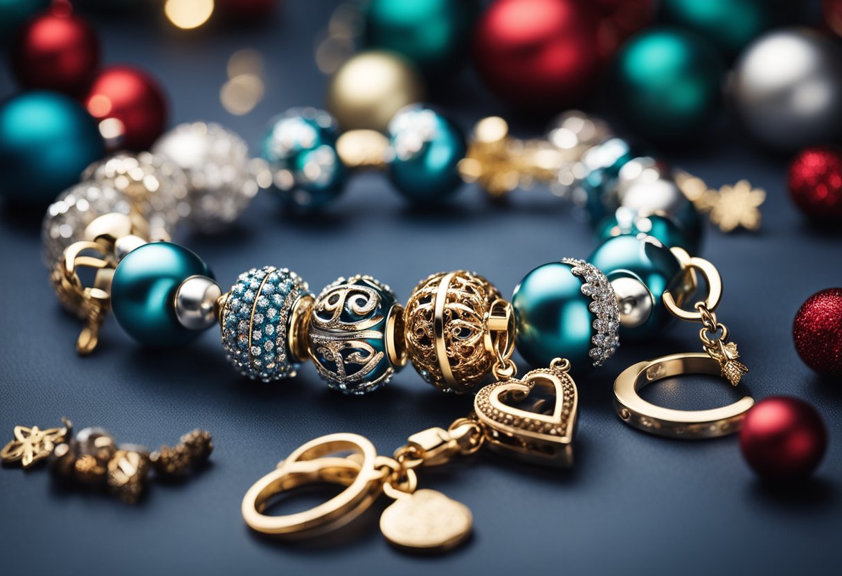 A Pandora charm bracelet adorned with 65 unique charms, wrapped in festive Christmas packaging, ready to be gifted as jewelry for a wife