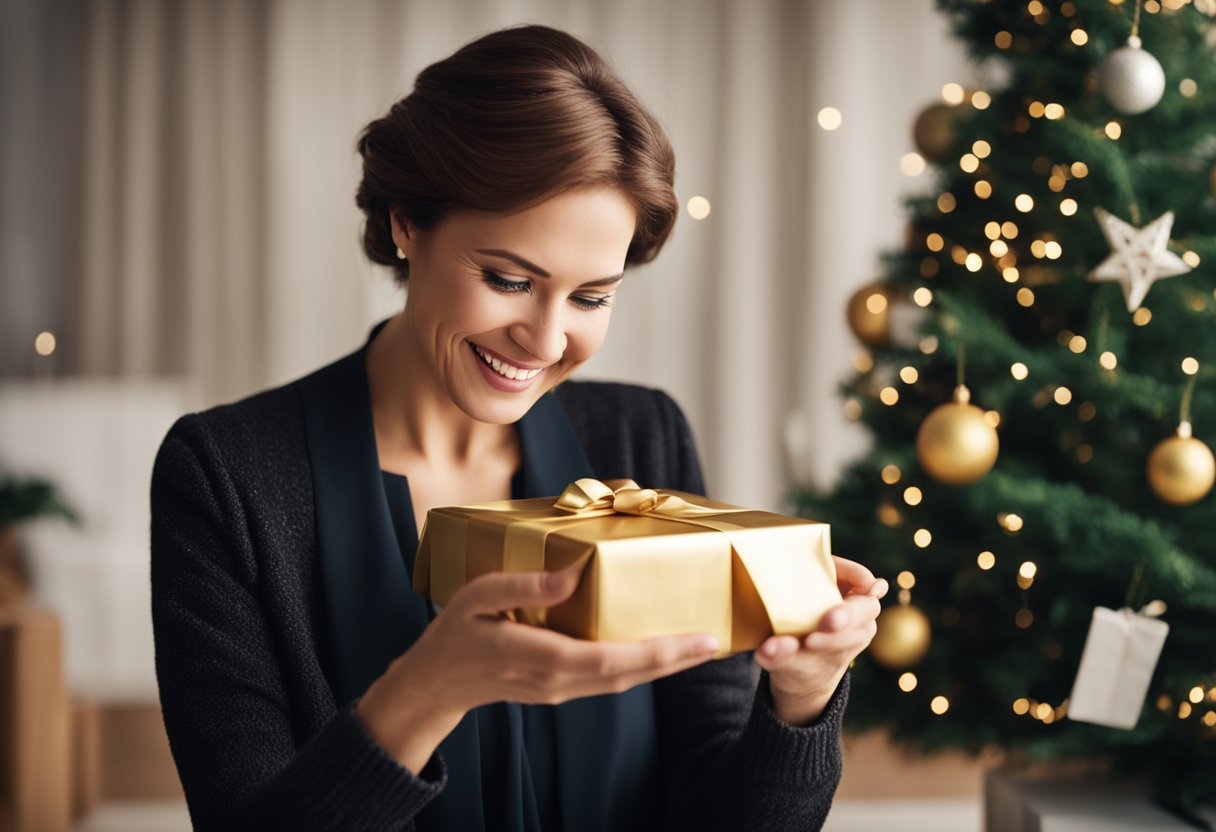 A mother happily opens a gift box, revealing a sparkling Christmas necklace