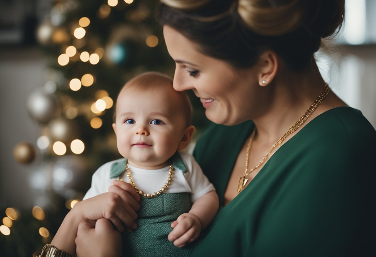 A mother holds a small child close, gazing lovingly at each other. The child wears a pendant necklace with the number 57, a gift from their mother for Christmas