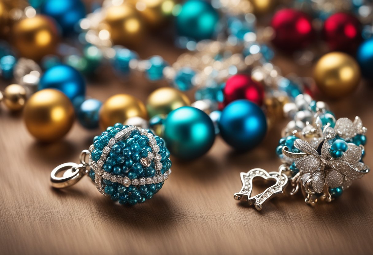 A festive Christmas necklace adorned with 55 vibrant beads and sparkling charms, evoking a sense of warmth and joy