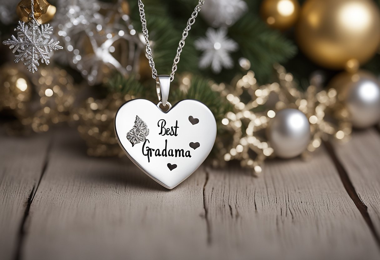 A sterling silver heart pendant with "Best Grandma" inscription hangs from a delicate chain, surrounded by festive Christmas decorations