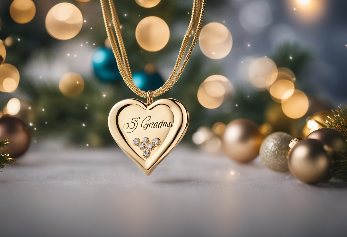 A 14K gold infinity heart necklace with "55 Grandma" engraved on it, surrounded by Christmas decorations