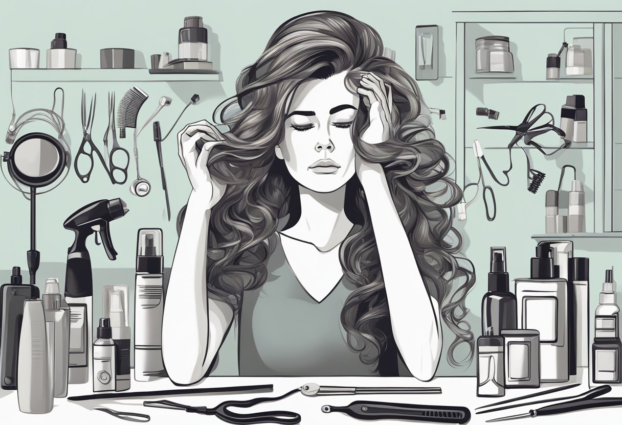 A table with various hair styling tools and products, including curling irons, hair spray, and hair extensions. A frustrated expression on a woman's face as she struggles with her unruly hair