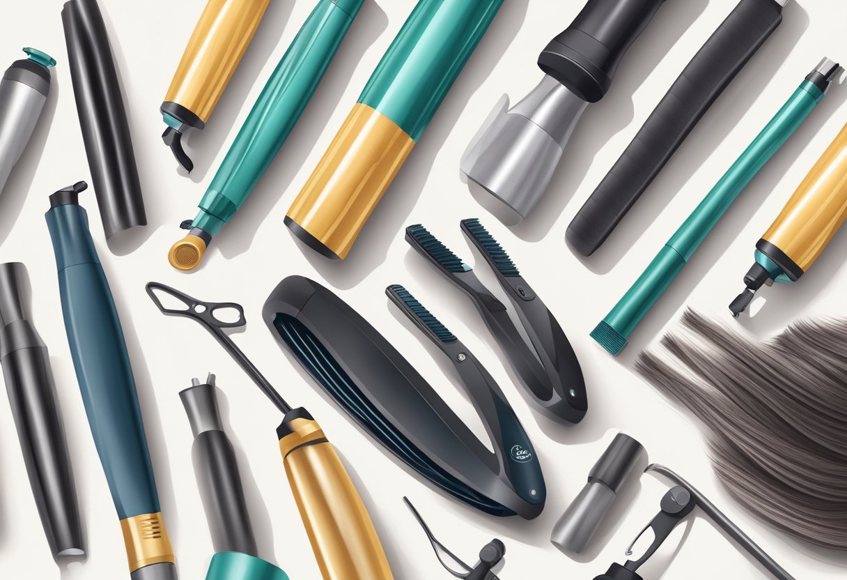 Hair extensions lay flat, unable to hold curls. Curling iron and products sit unused nearby