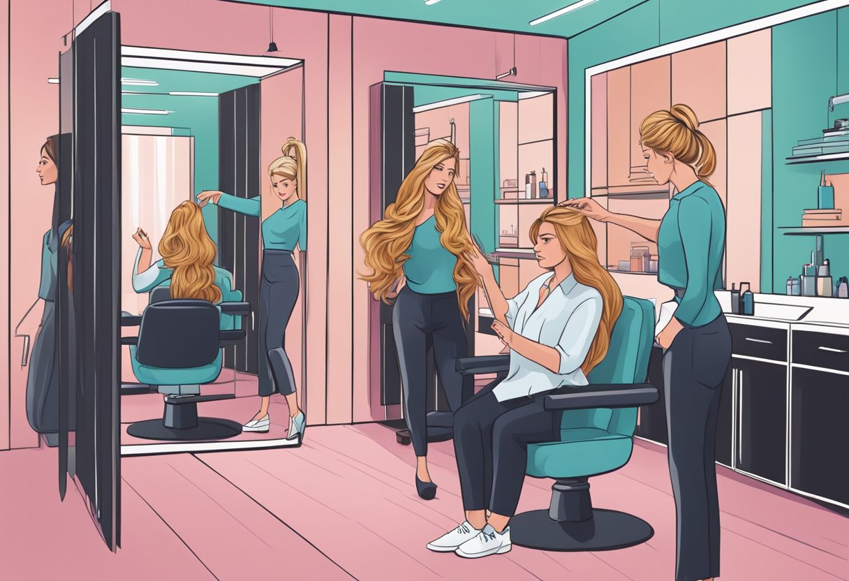 Un client frustré montre des extensions de cheveux molles tandis qu'un styliste donne des conseils dans un salon élégant.