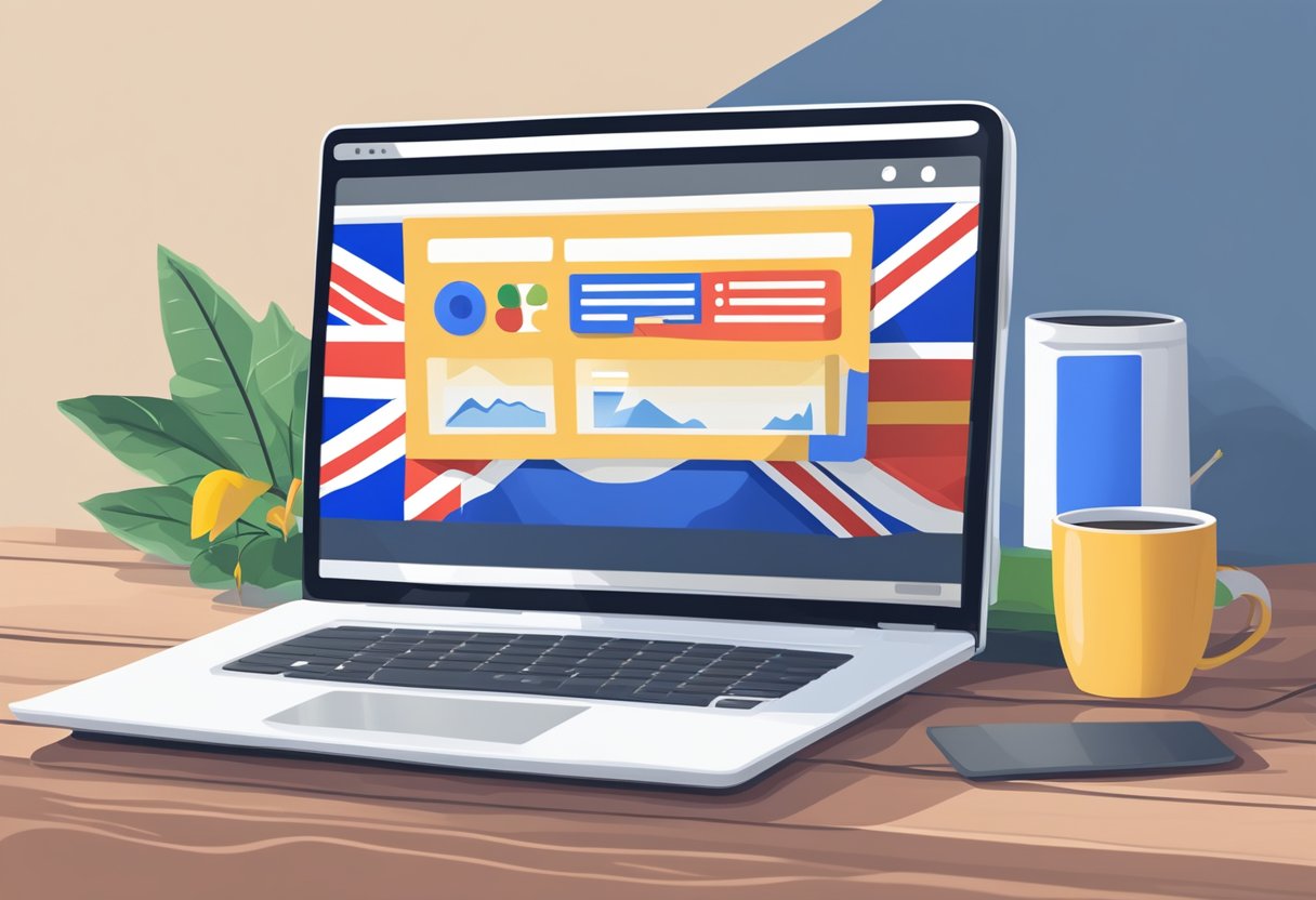 A laptop displaying Google Ads dashboard with UK flag in background