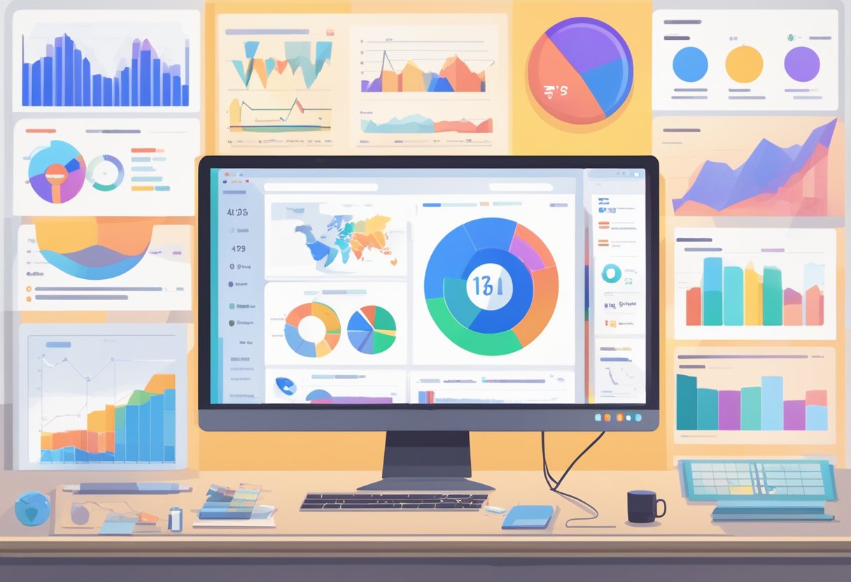 A UK business logo shines brightly on a computer screen, surrounded by data charts and graphs, while a Google Ads dashboard displays strategic keywords and campaign performance metrics