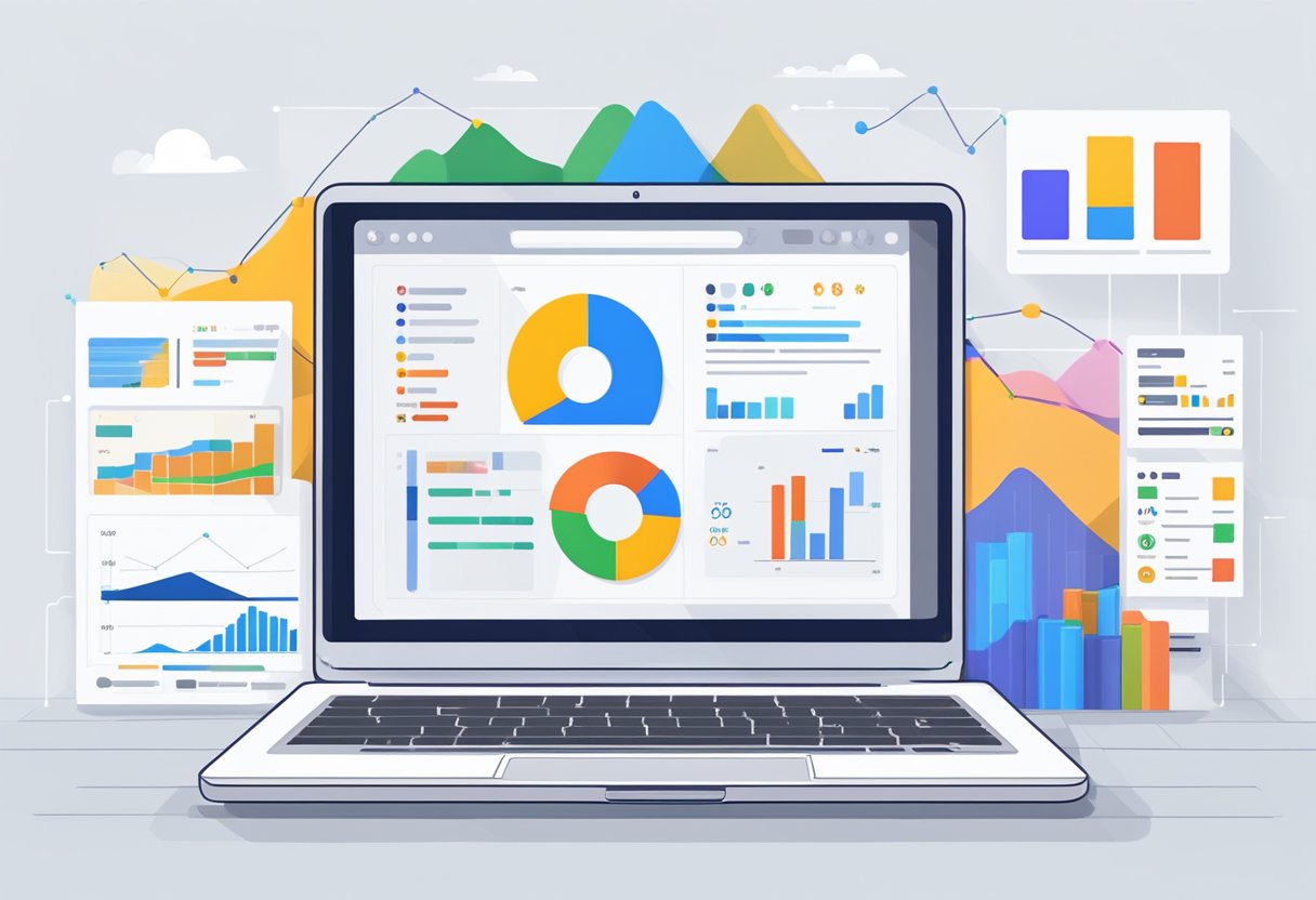 A laptop displaying Google Ads dashboard with UK business data, surrounded by charts and graphs, with a focus on optimizing campaigns for maximum ROI