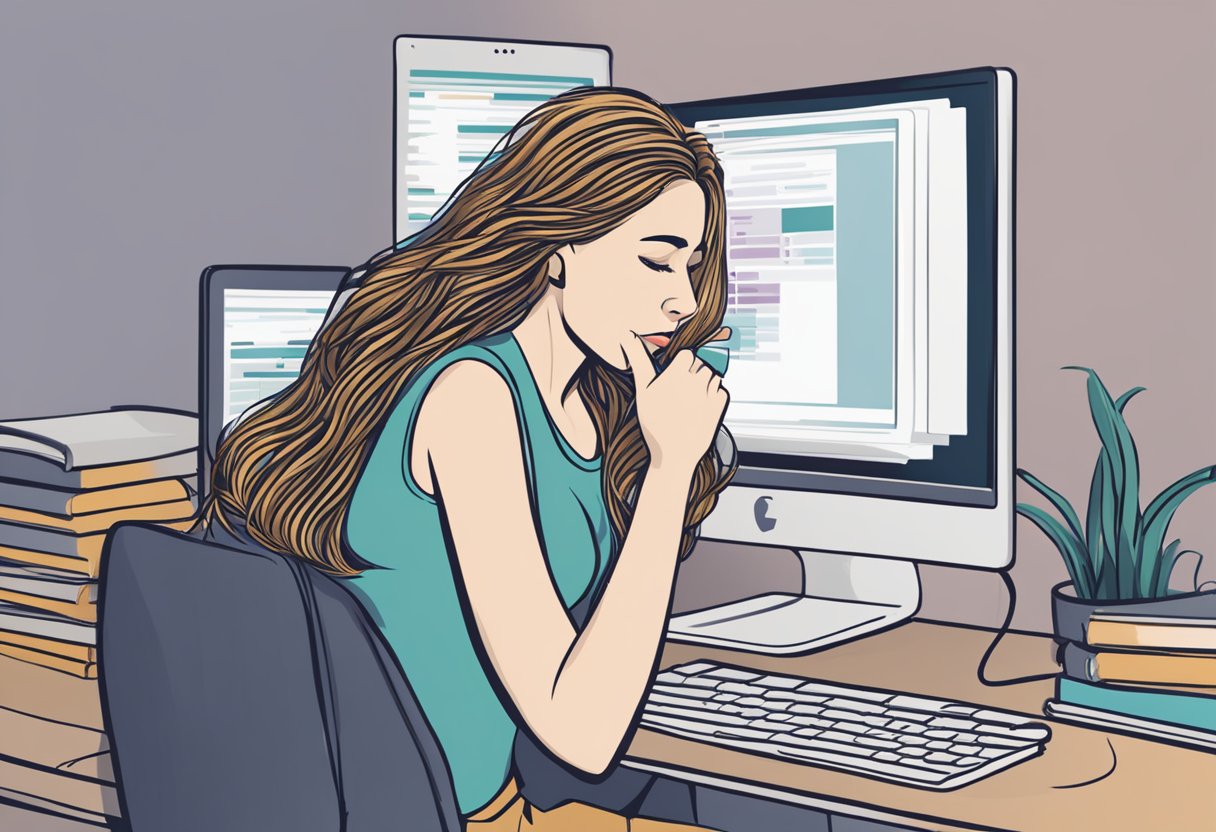 A woman scratching her head, looking puzzled while reading "Frequently Asked Questions: why are my hair extensions itchy" on a computer screen