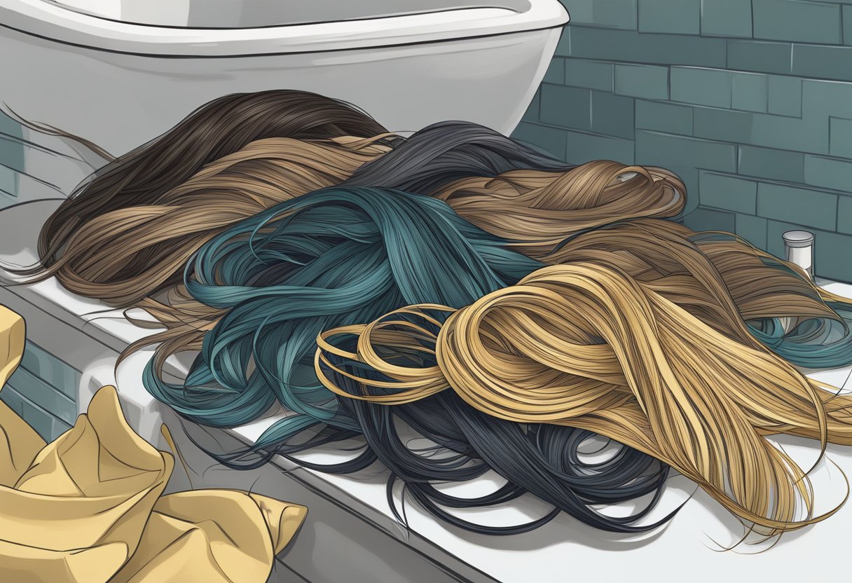 A pile of hair extensions shedding strands on a bathroom counter