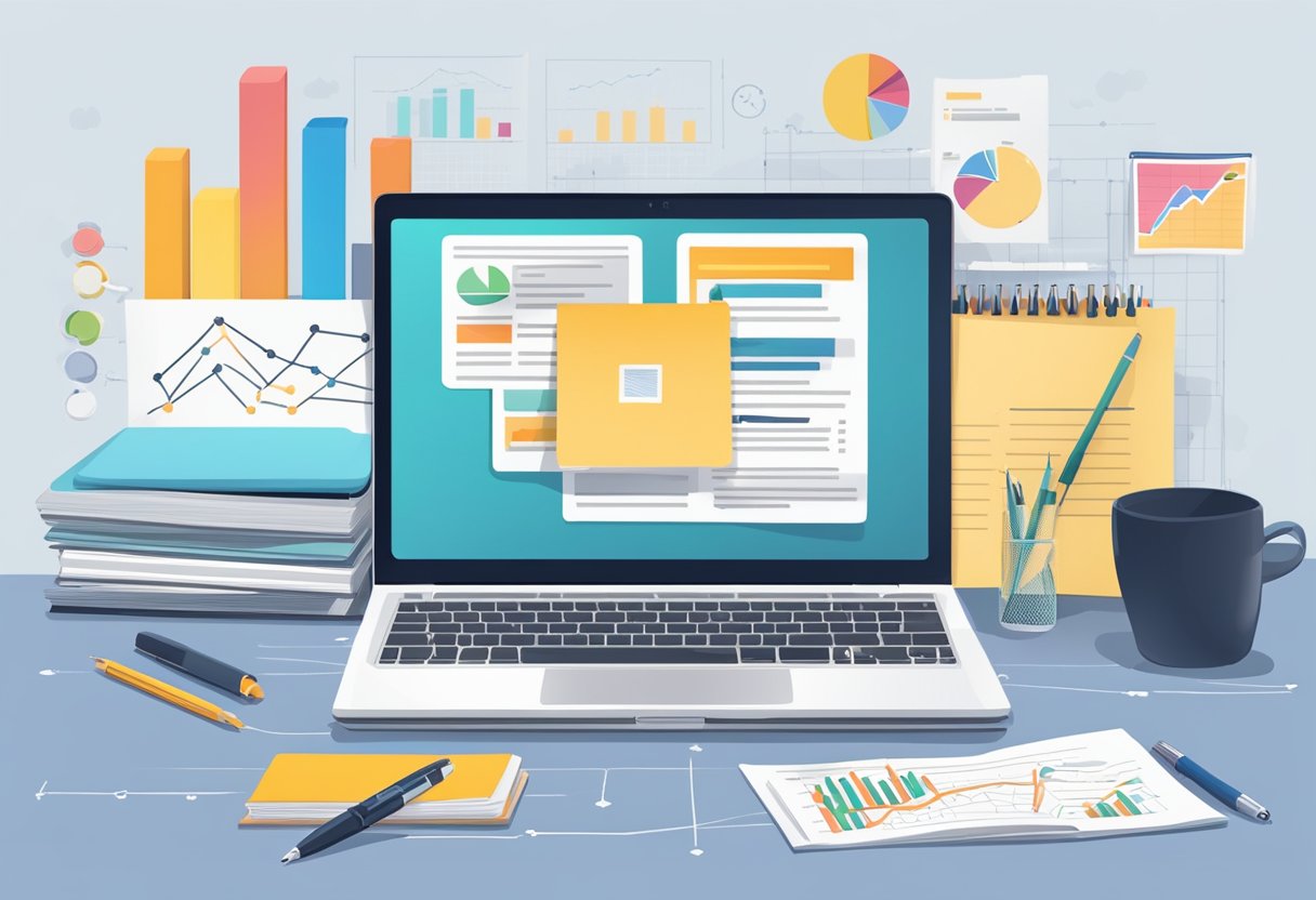 A laptop surrounded by marketing materials and charts, with a pen and notebook open, showcasing the process of crafting high-converting content and ad copy for PPC campaigns