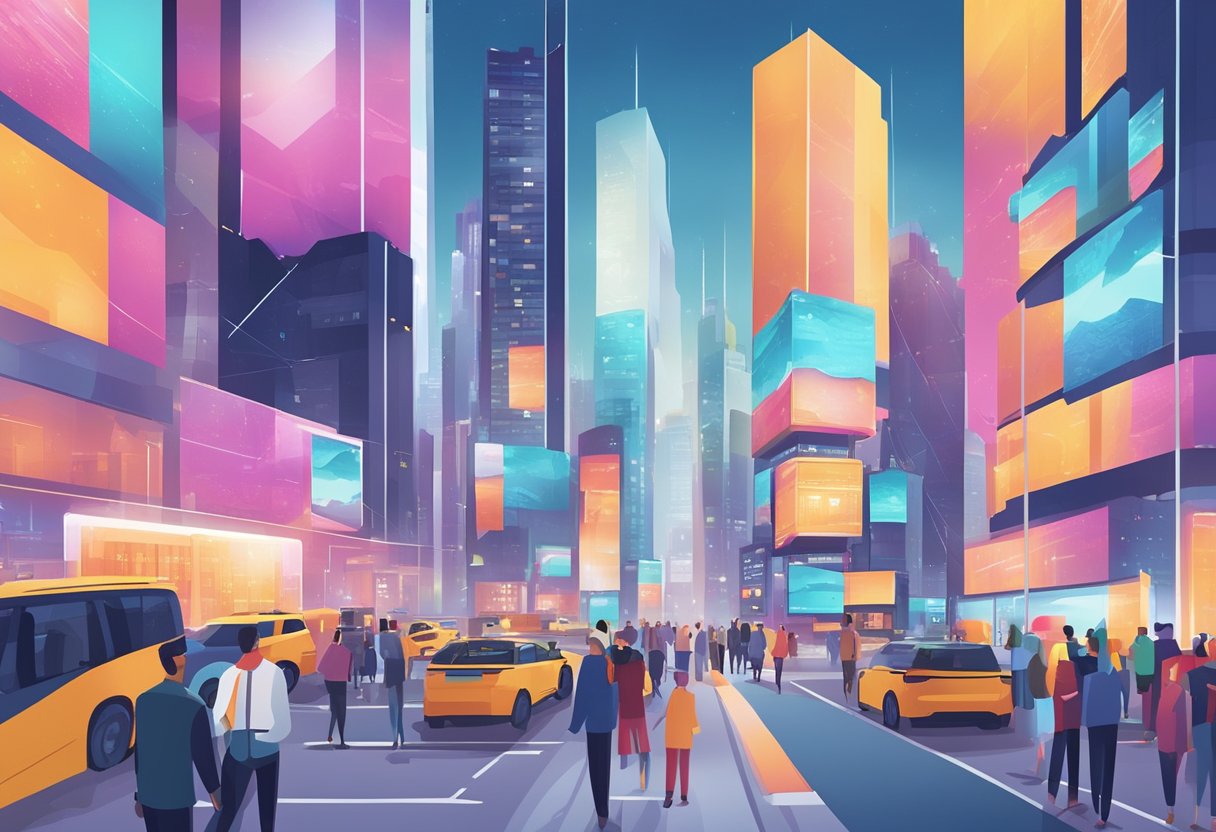 A bustling cityscape with digital billboards displaying PPC trends. Data charts and graphs are projected onto buildings, showcasing the latest marketing strategies