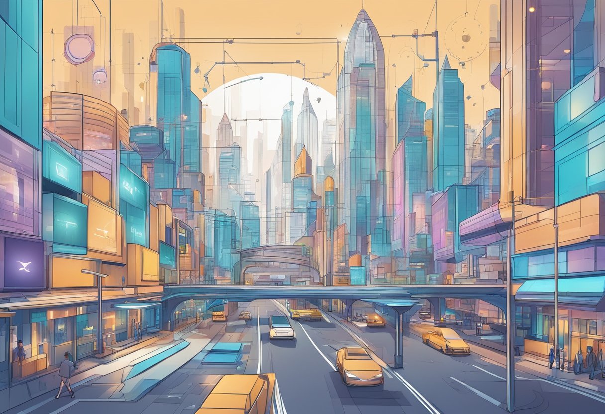 AI algorithms manage PPC ads in a futuristic UK city. Advanced technology and data analytics are integrated into the campaign management process
