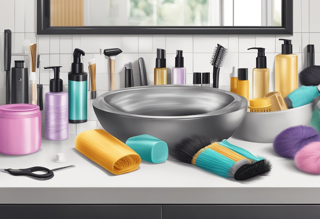 Hair extensions tangled in a knot, surrounded by hair care products and tools on a bathroom countertop